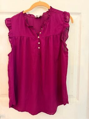 LOFT Sleeveless Ruffle Henley Tank - Magenta